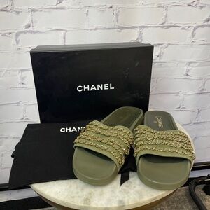 CHANEL Khaki and Gold Chain Slide Mules
